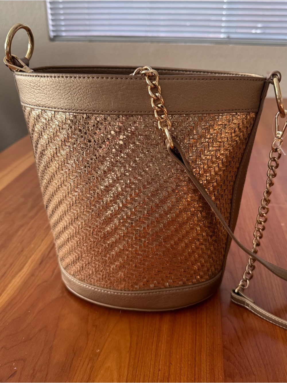 INC International Concepts Metallic Gold Woven Bucket Crossbody
